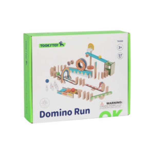 228616 Дерев'яна іграшка TK389 Domino Run, домино, трек, кулі, кеглі, 57дет., кор., 30-24-6,5 см.