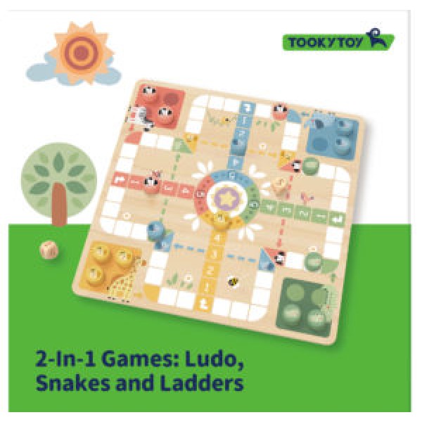 228620 Дерев'яна іграшка TY848N настільна гра, 2в1 (Ludo/Лудо,Snake and Ladders/Змії та сходи),фішки,кубики