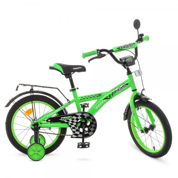 74151 Велосипед дитячий PROF1 16д. T1636 Racer, дзвінок, дод. колеса, зелений.