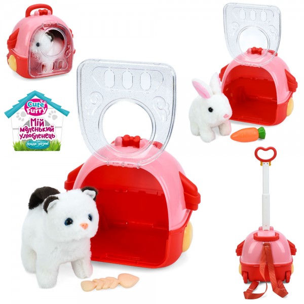 228427 Тварина 777-114A ходить, рух.дет.,плюш,2 види(зайчик,кіт), рюкзак(2 колеса)муз.,бат.,кул.,21-20-17см