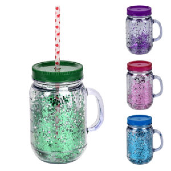 219079 Чашка-банка подвійна стінка з кришкою, що закручується, і трубочкою 450мл., R30019