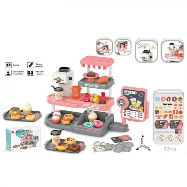 248547 Магазин 668-169 36 прилавок,набір десертів,кавомашина-ллється вода,муз.,гроші,53пр.,бат.,кор.31-22-8