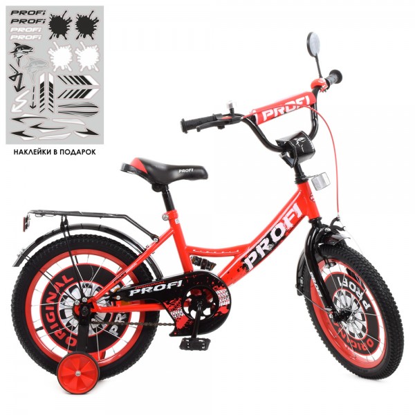 74152 Велосипед дитячий PROF1 16д. Y1646 Original boy, дзвінок, дод. колеса, червоно-чорний.