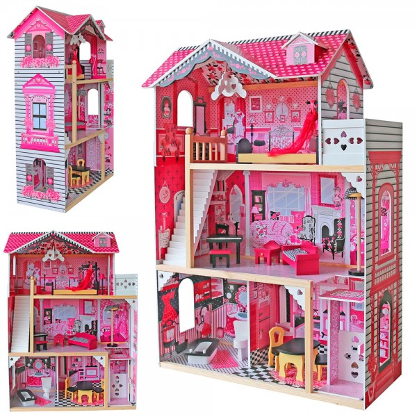 244317 Дерев'яна іграшка Будиночок MD 0158 80-41-в121см, 3 поверхи, меблі, в кор-ці, 40-89-24см