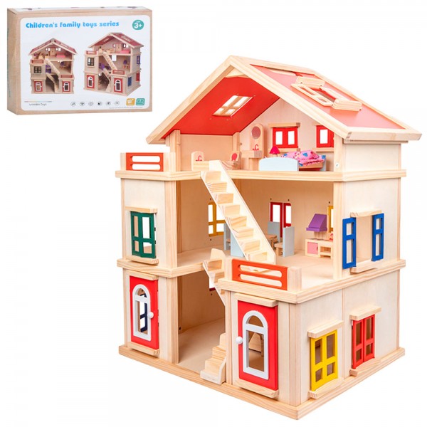 244320 Дерев'яна іграшка Будиночок MD 0163 63,5-44-в73см, 3 поверхи, меблі, в кор-ці, 60-50-14см