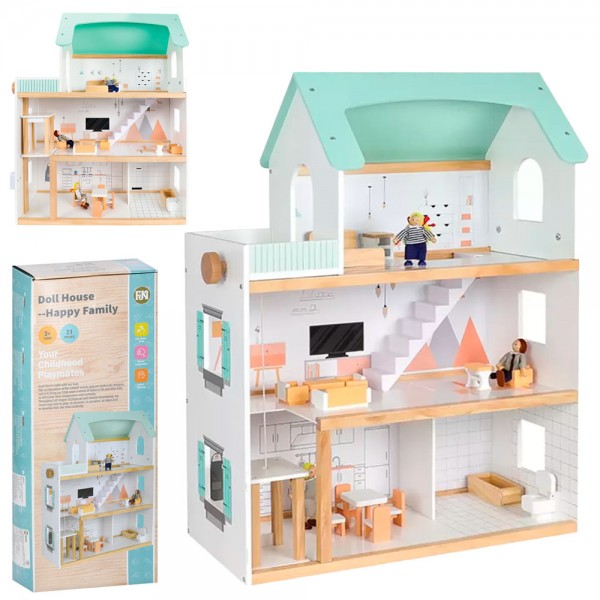 244321 Дерев'яна іграшка Будиночок MD 0165 3 поверхи, світло, меблі,фігурки 3шт,бат(табл),в кор.,73-32-13см