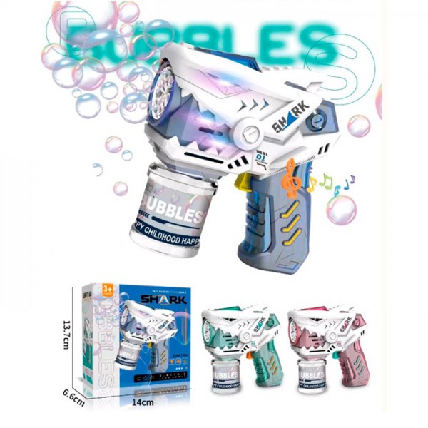 249112 Мильні бульбашки YD6676A пістолет-акула,світло,запаска.3 кольори,бат. кор.14-14-6,5см