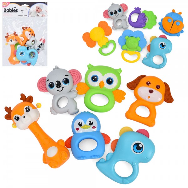 246572 Брязкальце 1188-28-31 набір 6шт (тварини, птахи), від 8см, прорізувач, 2 види, кул.