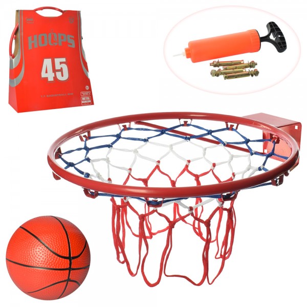 76334 Баскетбольне кільце M 5967 мет., сітка, м'яч, насос, кор., 45-52-10 см.