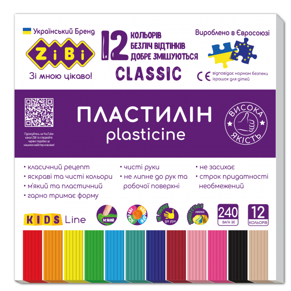 148782 Пластилін CLASSIC 12 кольорів, 240г, KIDS Line