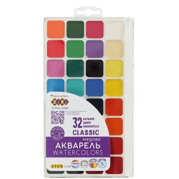258008 Акварель CLASSIC, 32 цвета, б/кист., пласт. корпус, KIDS Line