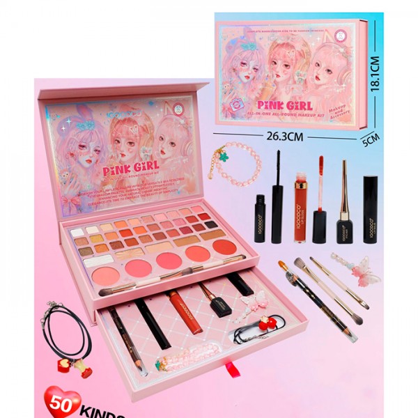 246563 Косметика IG3213 2 яруси, тіні, рум'яна, пензлики, помада, туш для вій, прикраси, блиск д/губ, кор.