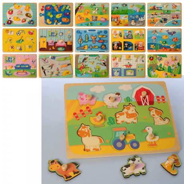 116229 Дерев'яна іграшка Рамка-вкладиш MD 2653 з ручкою, 16 видів, кул., 30-22,5-2,5см.