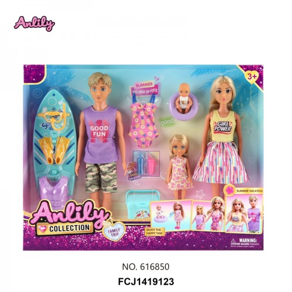 248538 Набір ляльок 616850 сім'я, дошка для серфінгу, маска, ласти, аксесуари, кор.,41-32-6см