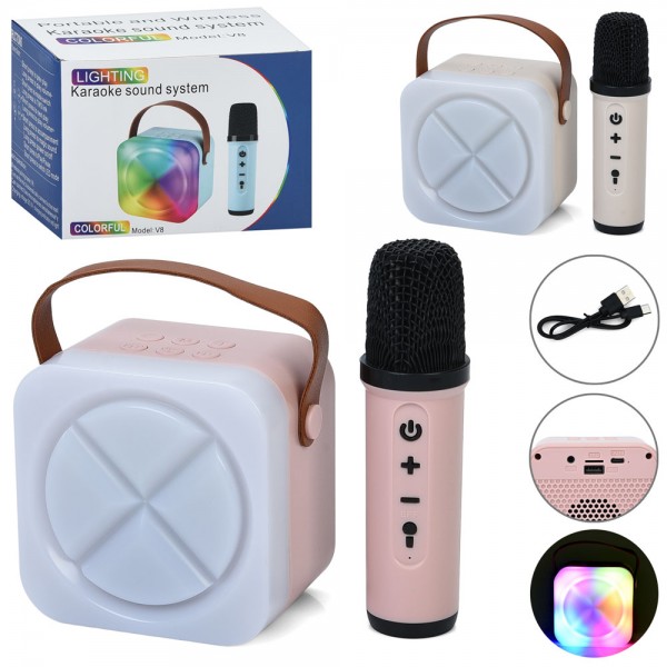 241272 Колонка V8 акум., Bluetooth, TFслот, MP3, USBвх, мікрофон, мікс кольорів, світло, кор.,14-10-11см.