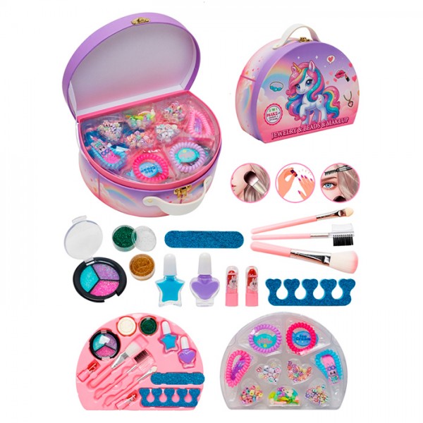 246565 Косметика LD6530-6 тіні, помада 2шт,пензлики,глітер,набір д/манікюру(лак 2шт,пилка) прикраси, чемод.