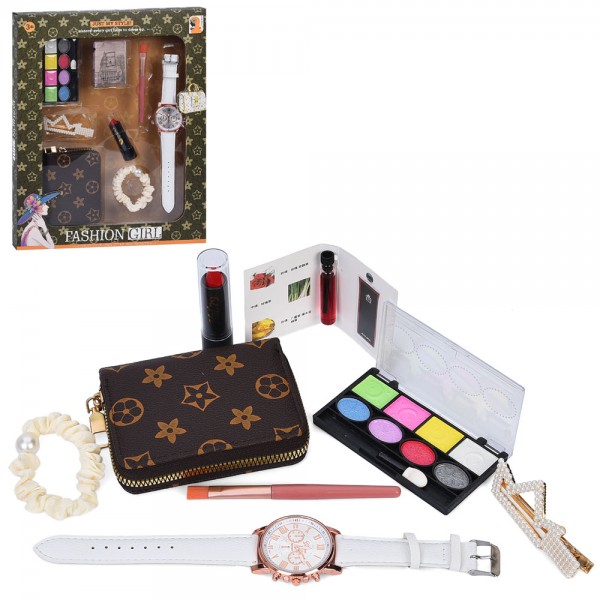 246593 Набір аксесуарів K1 тіні, помада, годинник,(бат.) резинка для волосся, заколка, гаманець, кор.