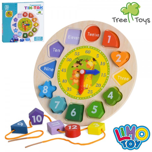 247768 Дерев'яна іграшка Годинник MD 0767 (40шт) 21,5см, рамка-вкладиш, фігури-цифри, шнурівка, назви англ., в кор-ці, 22,5-22,5-2,5см