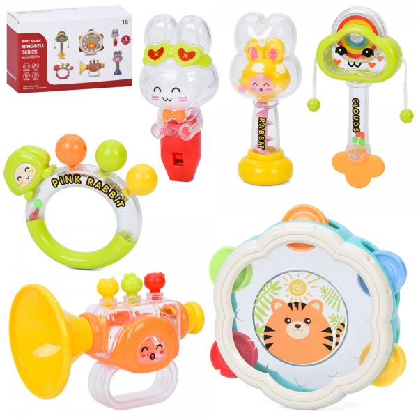 247715 Гра YL560B набір брязкалець 6шт.(брязкальце 2шт, прорізувач, свисток, дудка, бубон,кор.,23-14,5-9см.