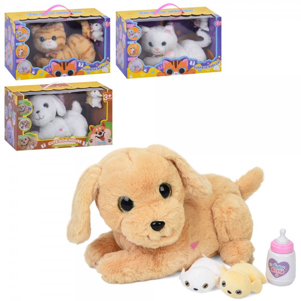 247807 М'яка іграшка 933-81-140E 25-17-20см, сенсорна, звук, малята 2шт. пляшечка, (собака,кіт) 2кол.,бат.