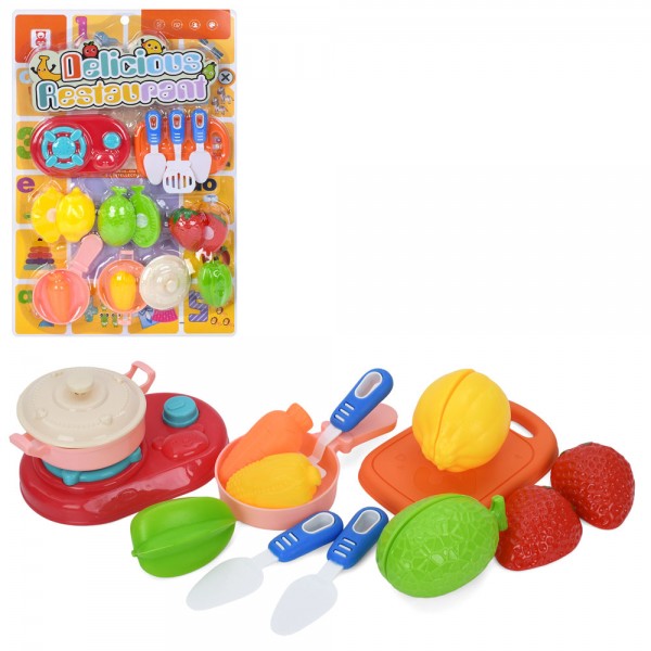 246600 Набір посуду 8899-14 плита, кухонний набір, дошка, сковорідка,каструля,продукти на липучці,28-43-4см