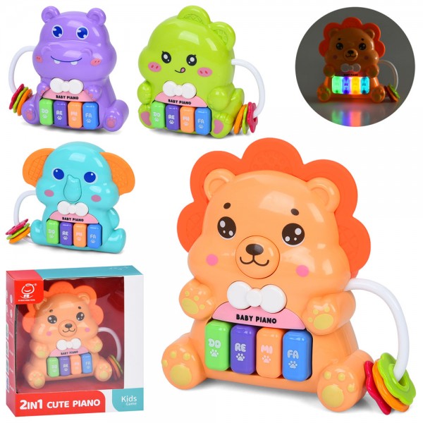 246601 Піаніно 1012-13-14-15 тварина, 11-12-4,5см, 2в1(брязкальце), муз., звук, звуки тварин, світло, бат.,