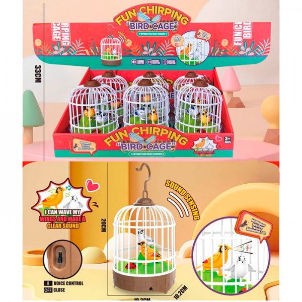 241569 Птах 022  у клітці, муз.(англ., свист), рухлива, реагує на хлопок, бат., 6шт. в диспл.,37-25,5-16см.