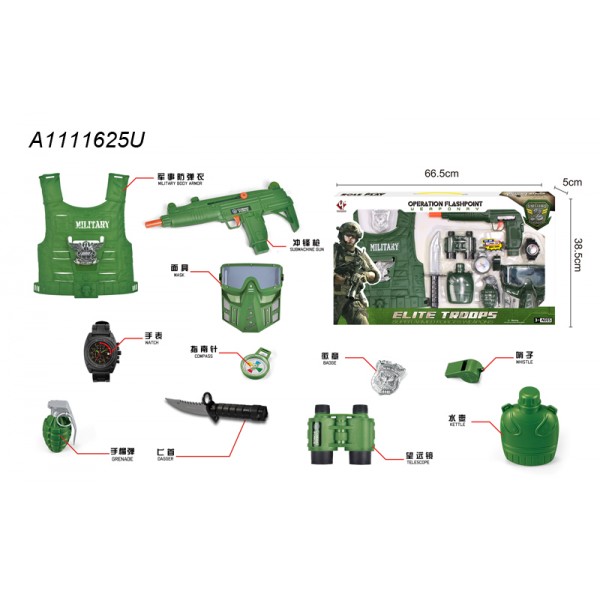 116445 Набір військового M013 жилет, автомат-тріскачка, ніж, бінокль, граната, кор., 66-39-5 см.