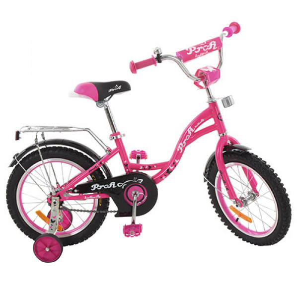 22021 Велосипед дитячий PROF1 G1423 14'', дзвінок, додаткові колеса, малиновий.