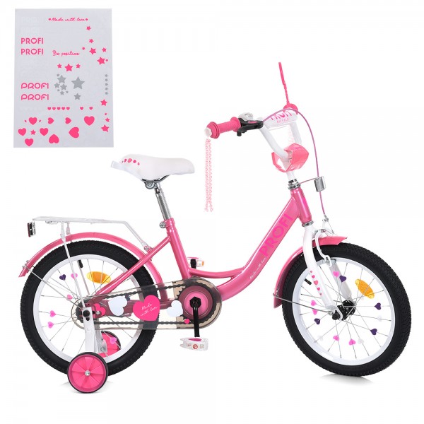 165859 Велосипед дитячий PROF1 16д. MB 16041 PRINCESS,SKD45,дзвінок,ліхтар,багажник,дод.колеса,рожево-білий