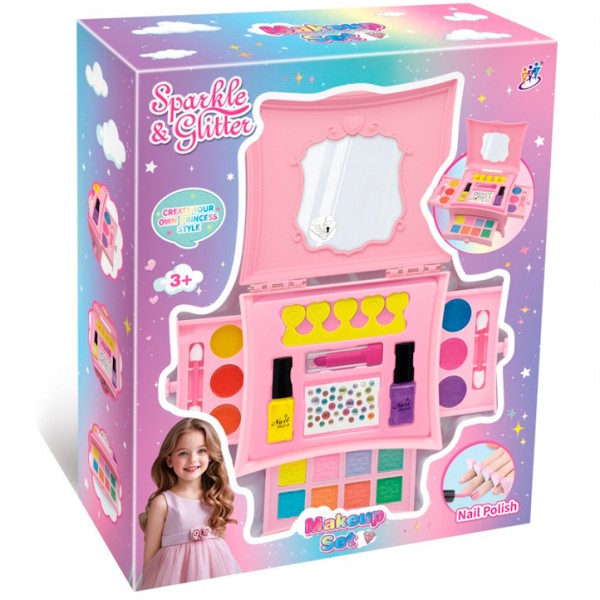 244058 Косметика 6801A скринька,тіні,пензл.,помада,наб.для манік.(лак 2шт,наліпки,розділ.для пальців),в кор