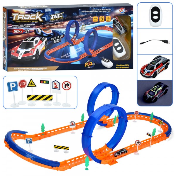 244045 Трек FT-76 403см/97-50-26см,машина(8см,р/к2,4G,акум,USBзар.,світло),дор.знаки,50дет,в кор.,50-24-7см