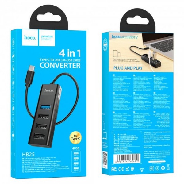 169110 Хаб USB Hoco HB25 Easy mix 4-in-1 converter(Type-C to USB3.0+USB2.0*3) (Чорний)