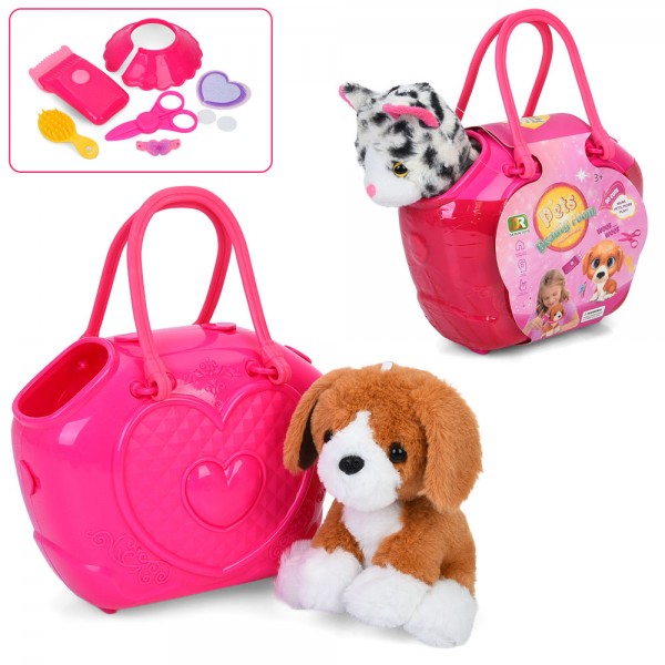 229933 Тварина DR5126-27 м'яка іграшка,наб.грумера,сумка(пласт.),2види(собака,кіт),карт.обгортка,23-22-10см