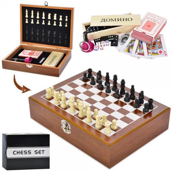 147829 Настільна гра XQ12096 3в1, шахи, доміно, карти, кубик 6 шт., дзвіночок, кор., 26-20-6,5 см.
