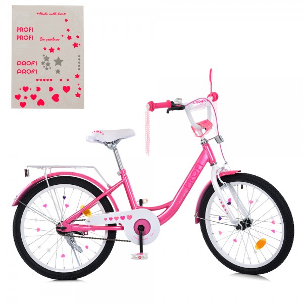 165899 Велосипед дитячий PROF1 20д. MB 20041 PRINCESS, SKD45, дзвінок,ліхтар,багажник,підніжка,рожево-білий