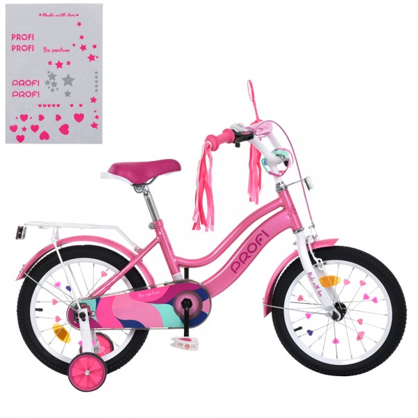 165864 Велосипед дитячий PROF1 14д. MB 14051 WAVE, SKD45, дзвінок, ліхтар, багажник, дод. колеса, рожевий.