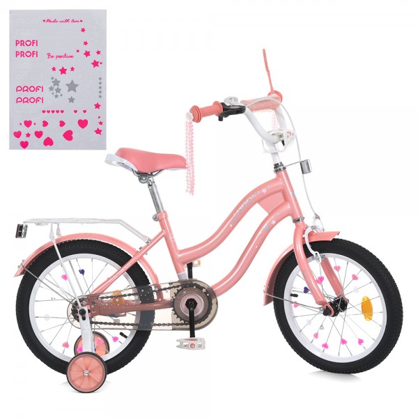 165866 Велосипед дитячий PROF1 16д. MB 16061 STAR, SKD45, дзвінок, ліхтар, багажник, дод. колеса, рожевий