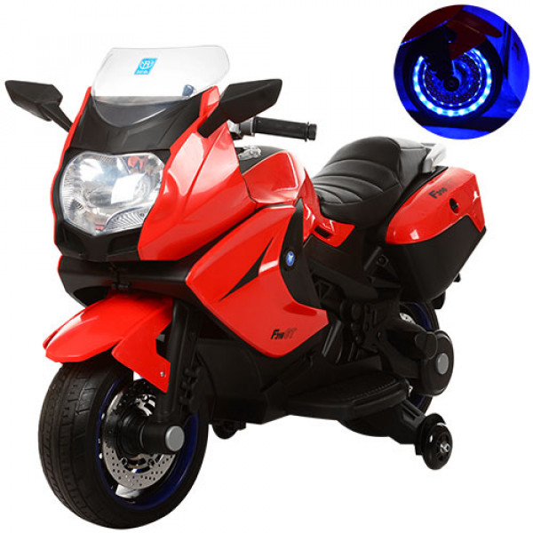 28305 Мотоцикл M 3208EL-3 12V7AH, колеса EVA, шкіряне сидіння, перемикач швидкості, світло, червоний.