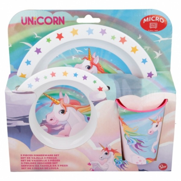 191727 Набір посуду пластикова, Єдиноріг, STOR 3 PCS KIDS MICRO SET IN STANDARD BOX UNICORNS 