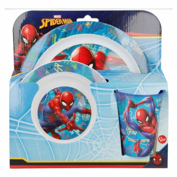 191728 Набір посуду з пластику, Спайдермен, STOR 3 PCS KIDS MICRO SET SPIDERMAN GRAFFITI 