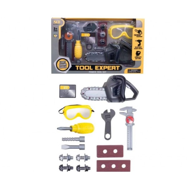 245347 Набір інструментів 6803-1 пила, окуляри,викрутка,болти,гайк.ключ,штангенциркуль,муз.,світло,бат.,кор