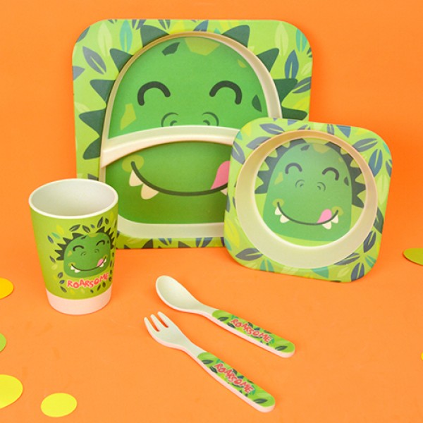 137647 Посуд дитячий бамбук "Діно" 5пр/наб (2тарілки, виделка, ложка, стакан) MH-2770-39 