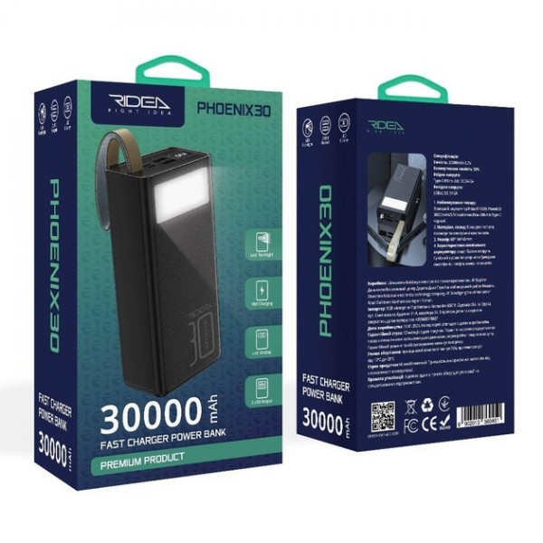 170328 Універсальна Мобільна Батарея Power Bank Ridea RP-D30L Phoenix30 10W digital display + lamp 30000 mAh (Чорний)