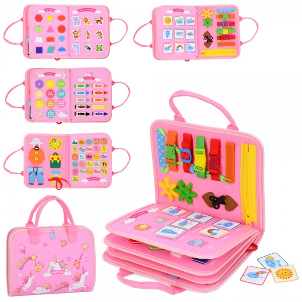 247898 Гра LB-6 навачальна, бізікнига,28-22-6см,сумка(принт єдиноріг)8стор,шнур.год.заст.тв.алф(англ)у пак.