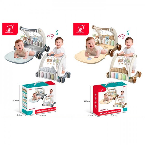 247902 Каталка-ходунки 1010-1011 (8шт) 34,5-46,5-в37см, 2в1(килимок для немовляти 71-46см), підвіски 4шт, піаніно-музика, світло, 2 кольори, на бат-ці, в кор-ці, 41,5-39,5-9,5см