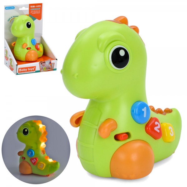 243720 Музична іграшка 6802 динозавр,15см, муз.,звук,світло,колеса,2 реж. гуч.,на бат.,в кор.і,14-20,5-10см