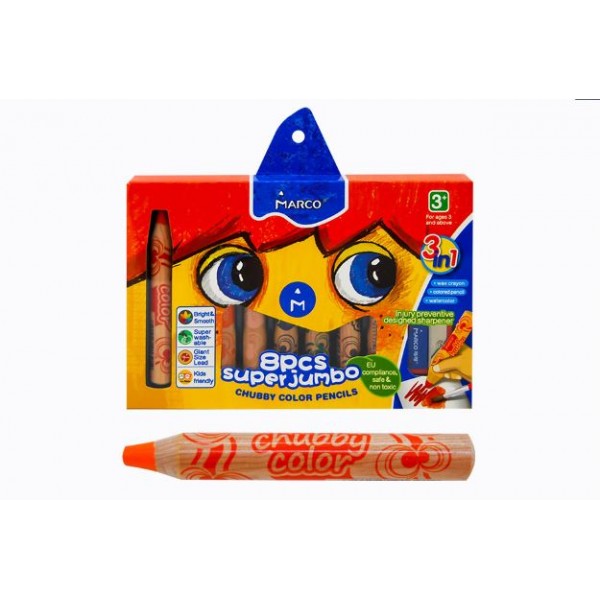 133484 Олівці 8 кольорів круглі Jumbo акварельні з чинкою,Chubby color, 1800-8CB, ТМ "Marco"