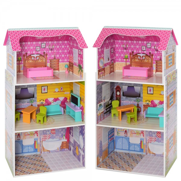 90308 Дерев'яна іграшка Будиночок MD 1549 для ляльки, 50-95-24 см., 3 поверхи, меблі, кор., 70-35-12 см.