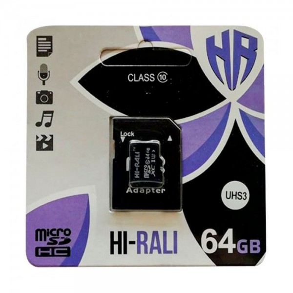 169039 Карта Пам'яті Hi-Rali MicroSDXC 64gb UHS-3 10 Class & Adapter (Чорний)